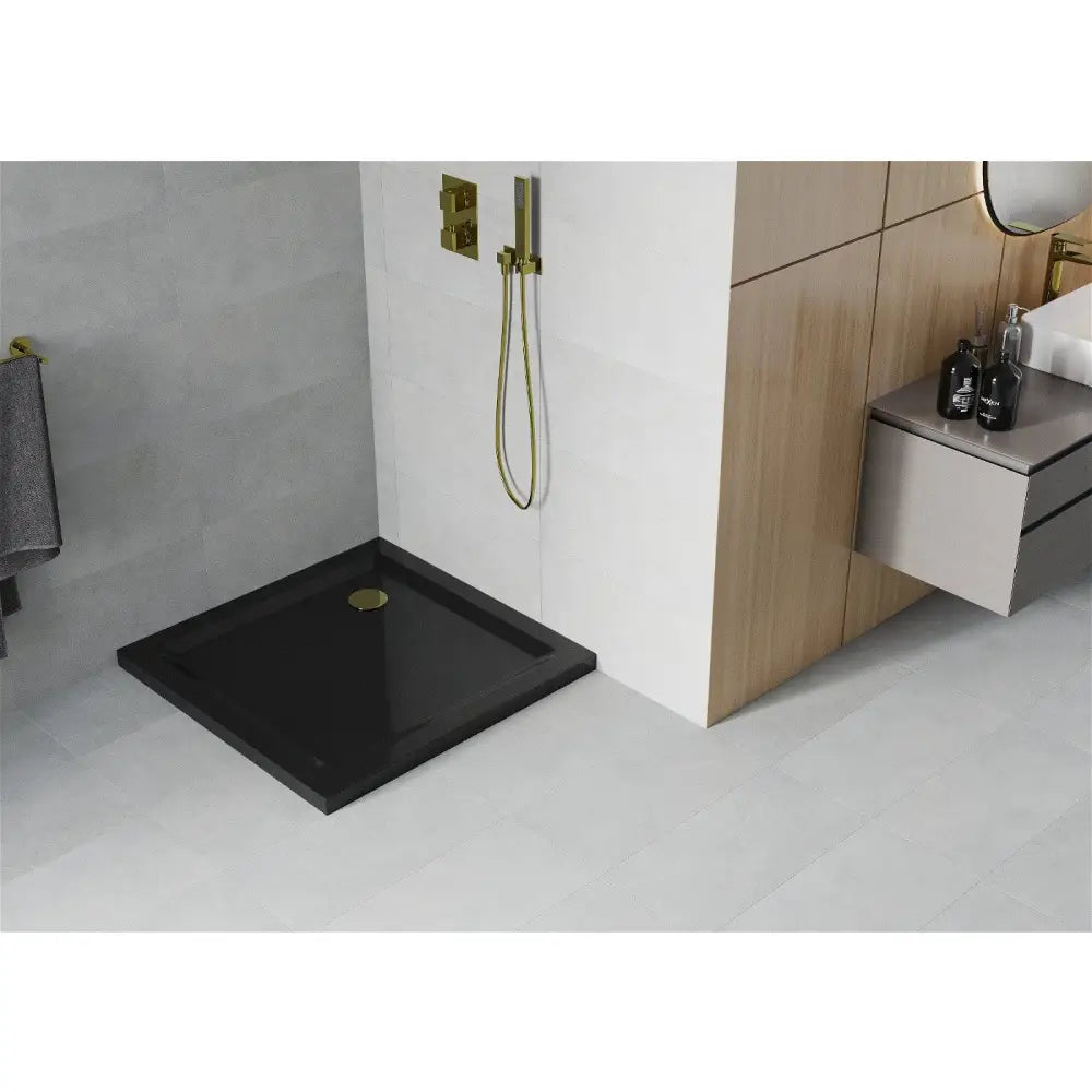 Flat Kvadratisk Slim Dusjbrett 90x90 Cm Svart Gullfarget Avløp - 40709090g