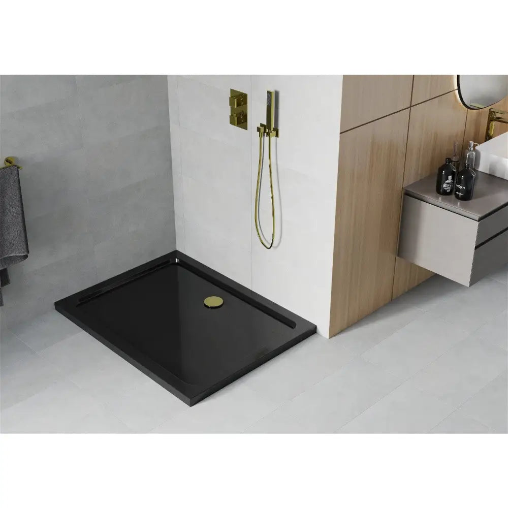 Flat Rektangulært Slankt Dusjbrett 90x80 Cm Svart med Gullfarget Sluk - 40708090g