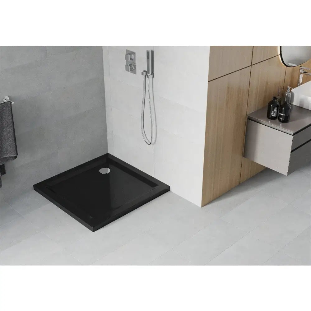 Flat Slim Firkantet Dusjbrett 90x90 Cm Svart Krom Avløp