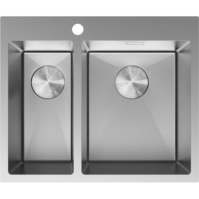 Kjøkkenvask i stål med dobbel firkantet kum og sirkulære bunnventiler, sett ovenfra.