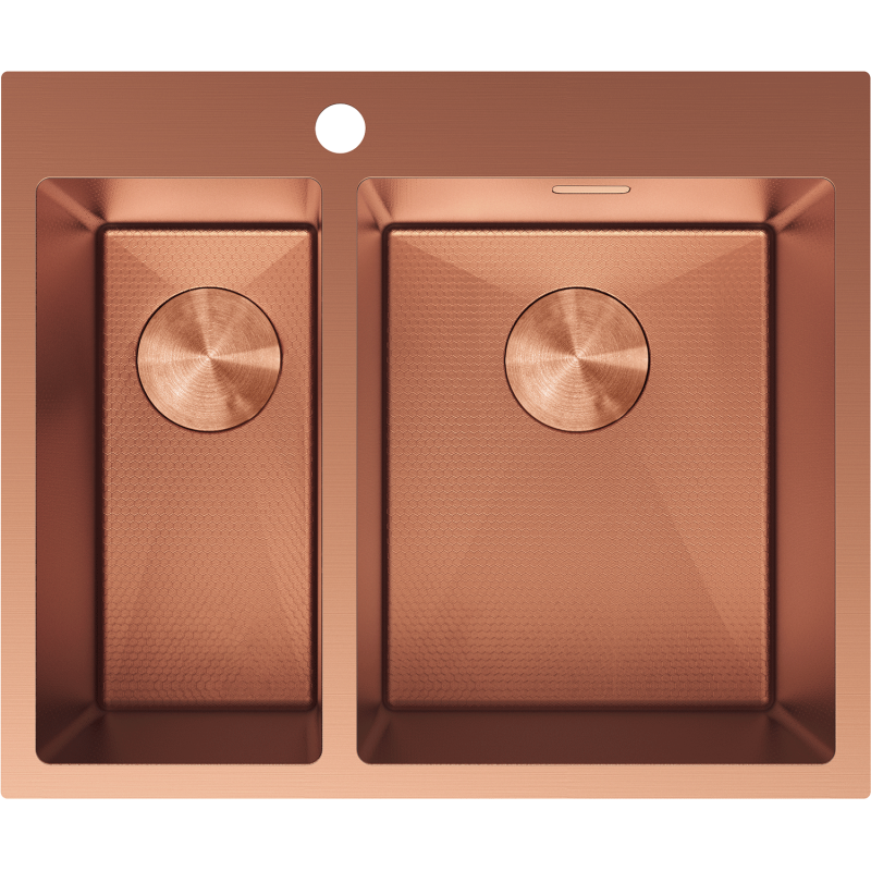 Kjøkkenvask i stål 610 x 510 mm Mexen Flexo i kobber, sett ovenfra med 1,5 kum og synlig tekstur.