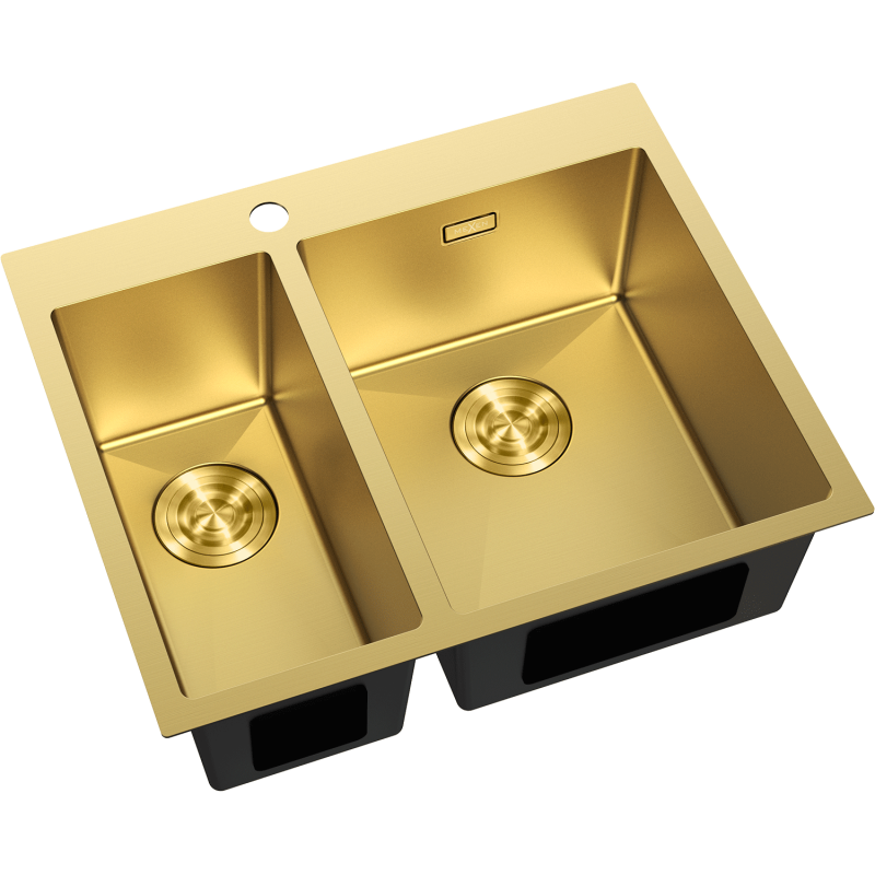 Kjøkkenvask Rustfritt Stål gull Mexen Flexo 1,5 kum sett skrått ovenfra med bunnrister.
