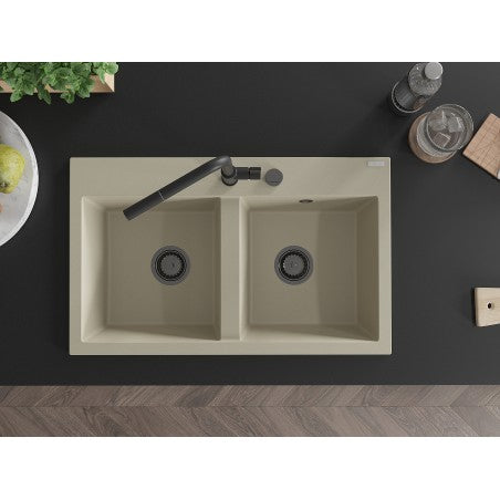 Hektor Kjøkkenvask 2 Kummer 800 x 480 mm, Beige, Vannlås Svart - 6521802000-69-B