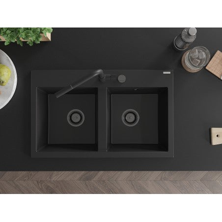 Hektor Kjøkkenvask 2 Kummer 800 x 480 mm, Svart, Vannlås Svart - 6521802000-77-B