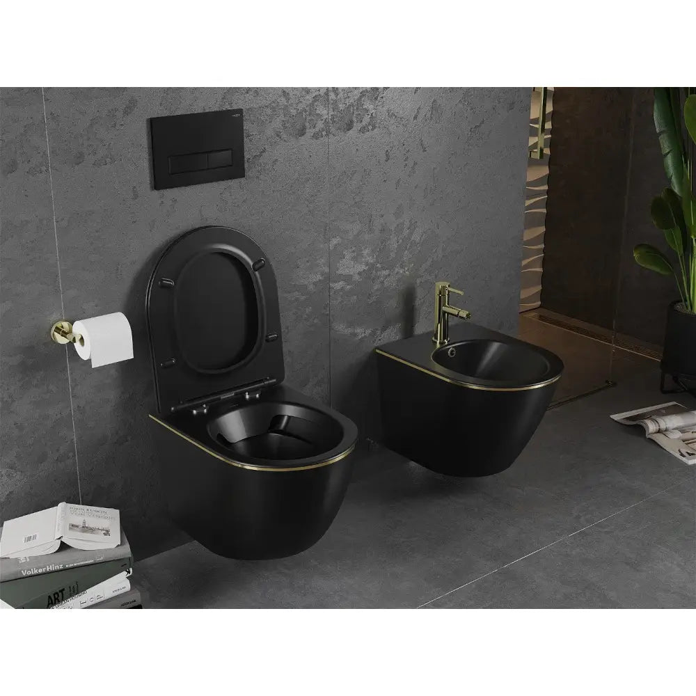 Lena toalettskål Rimless med soft-close sete, slim, duroplast, matt svart/gullstripe - – bakvisning