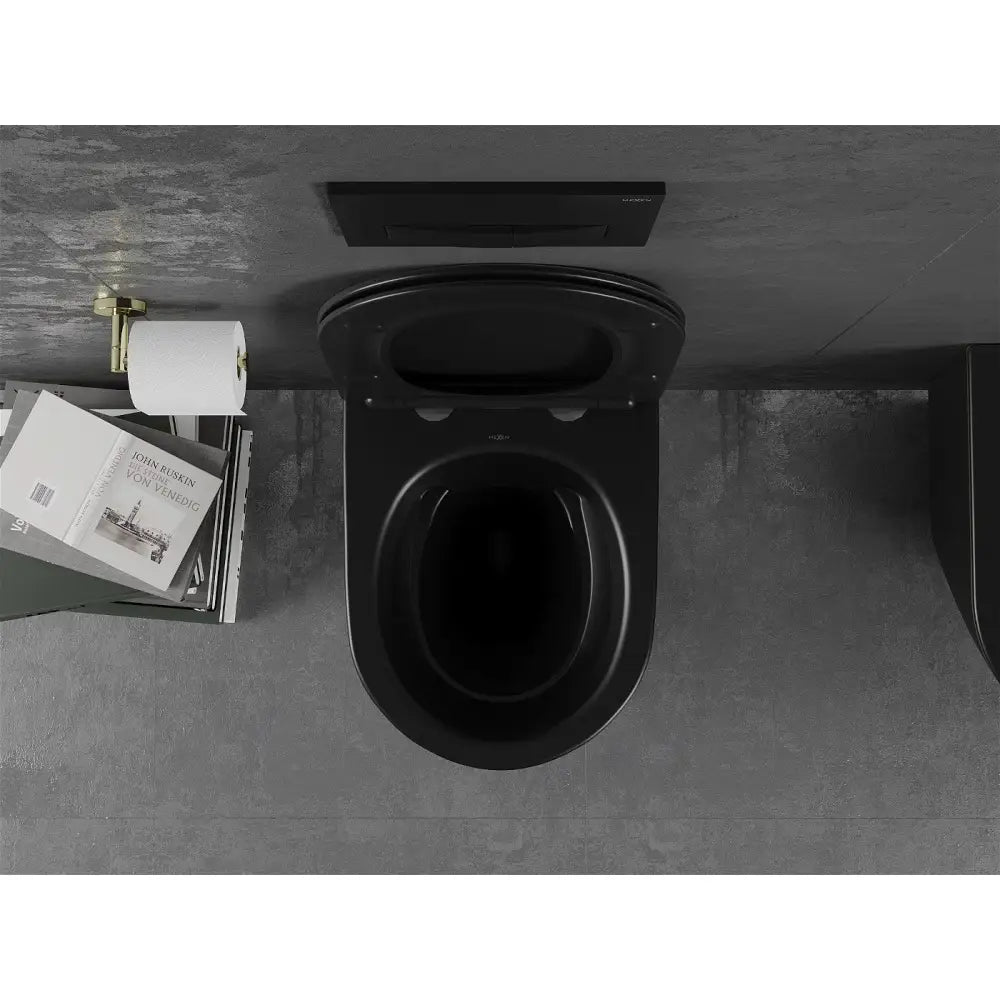 Lena toalettskål Rimless med soft-close sete, slim, duroplast, matt svart/gullstripe - – detalj spyling