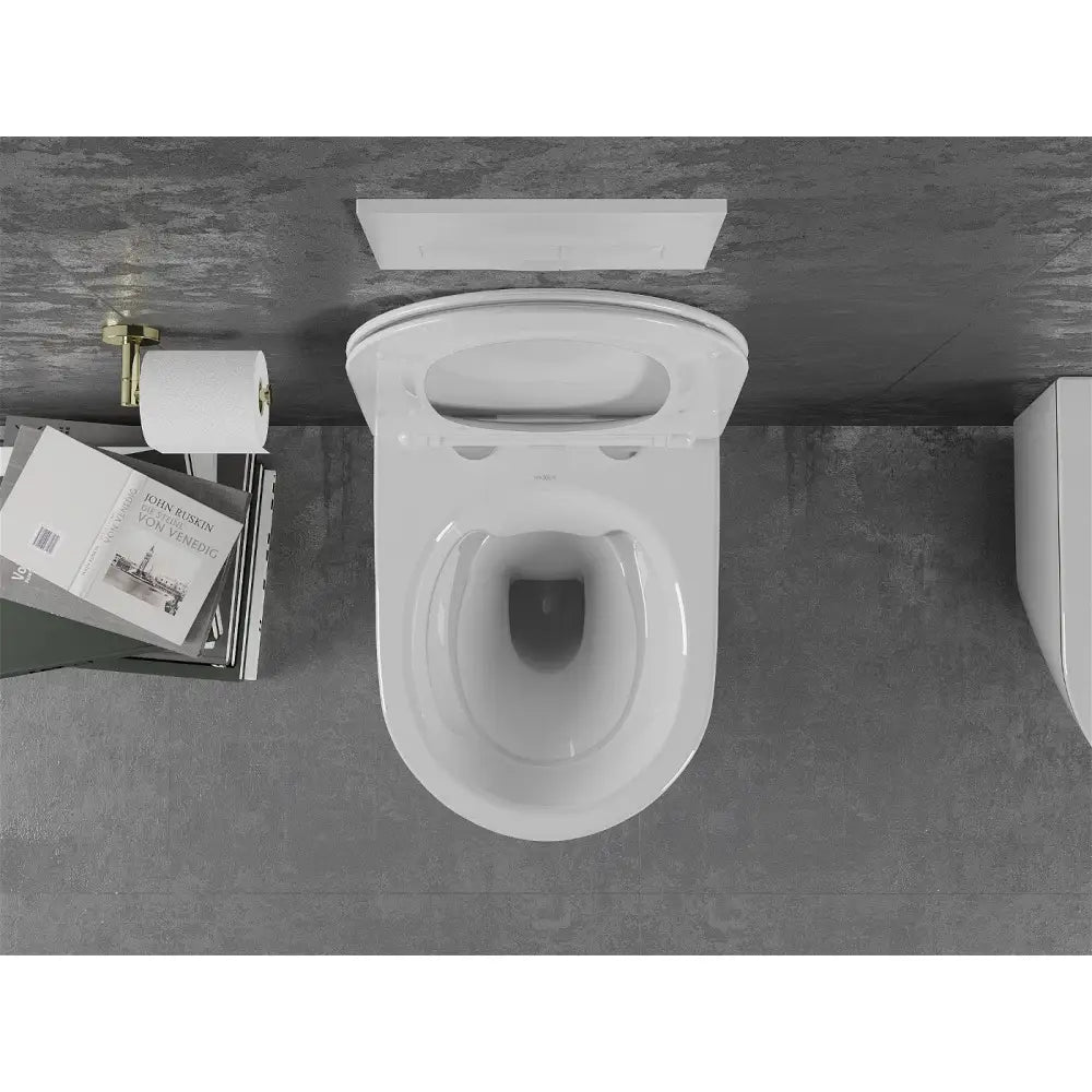 Lena toalettskål Rimless med soft-close slim sete, duroplast, hvit/gull linje - – montert eksempel