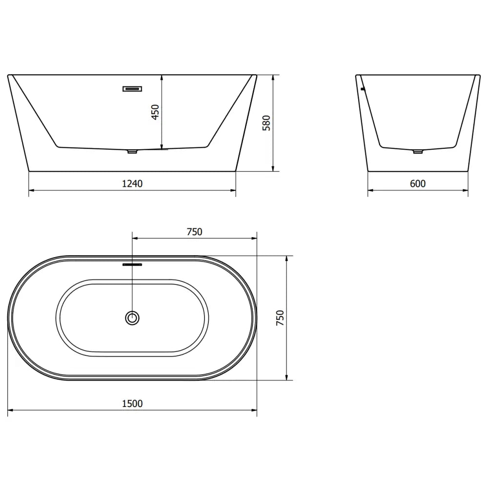 Luna Frittstående Badekar 150x75 Cm Hvit/svart Svart Overløp - 52031507575-b