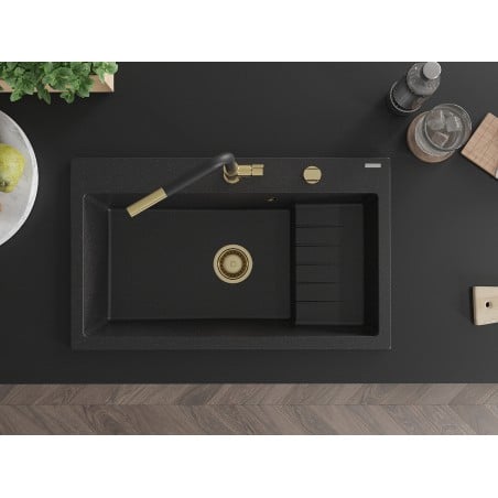 Omar Kjøkkenvask 1 Kum 800 x 480 mm, Svart/Sølv Metallic, Vannlås Gull - 6520801005-73-G