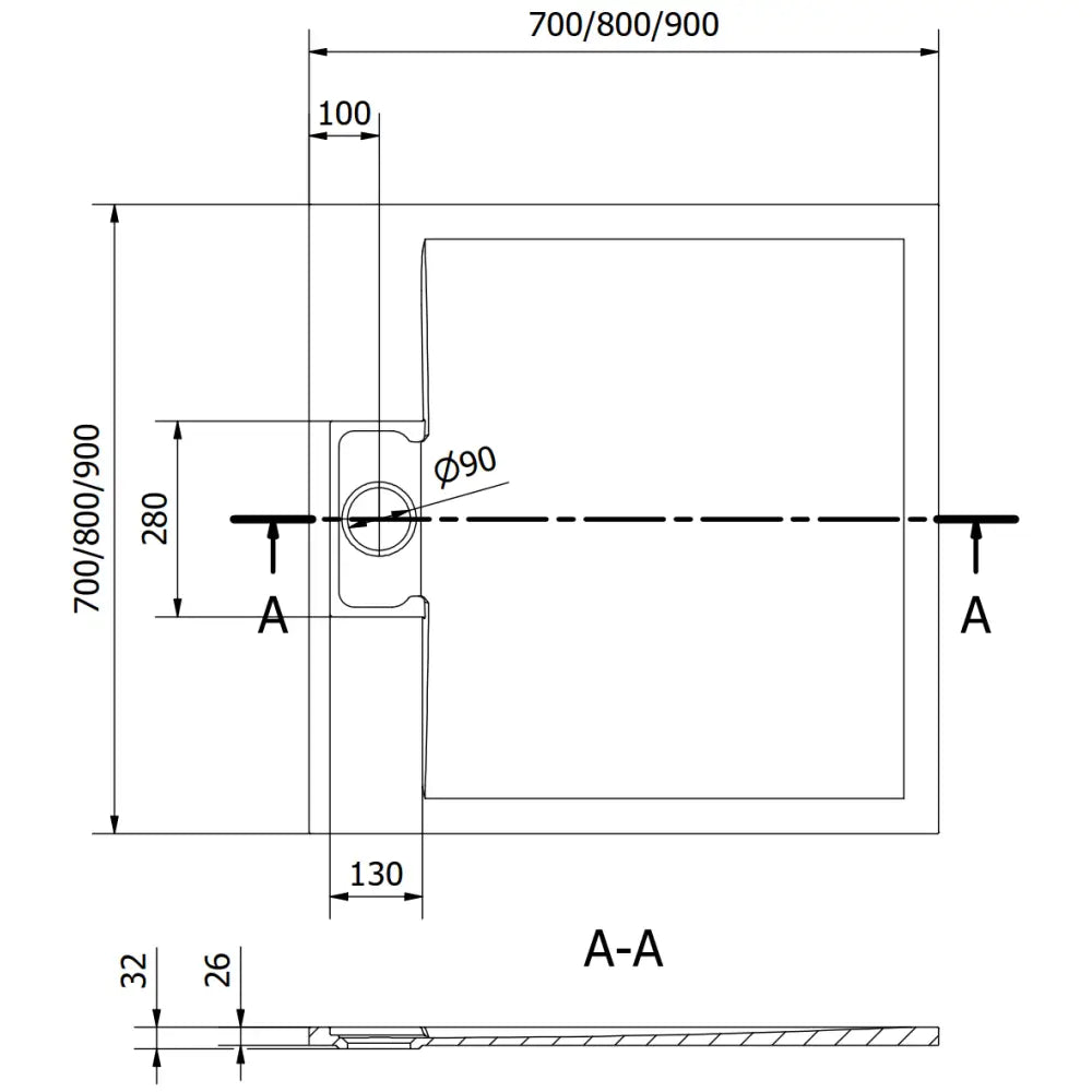 Dimensjonstegning Otto dusjkar 90x90 cm