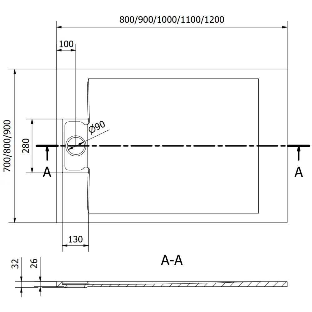 Dimensjonstegning Otto dusjkar 100x80 cm