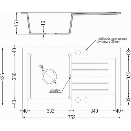 Pablo Kjøkkenvask 1 Kum Med Avrenning 752 x 436 mm, Svart, Vannlås Krom - 6510751010-77