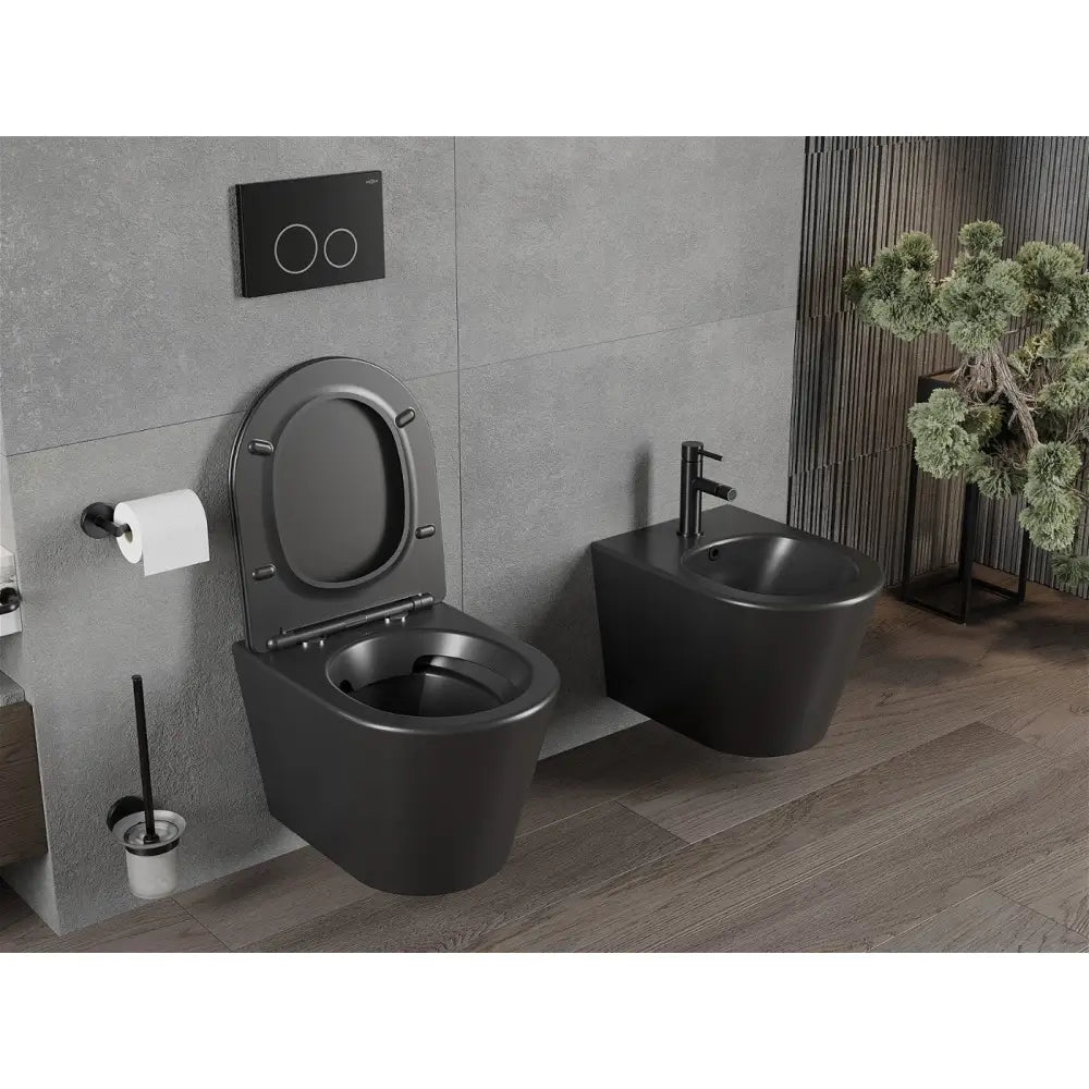 Rico toalettskål Rimless med soft-close slank sete, duroplast, matt svart – detalj sete