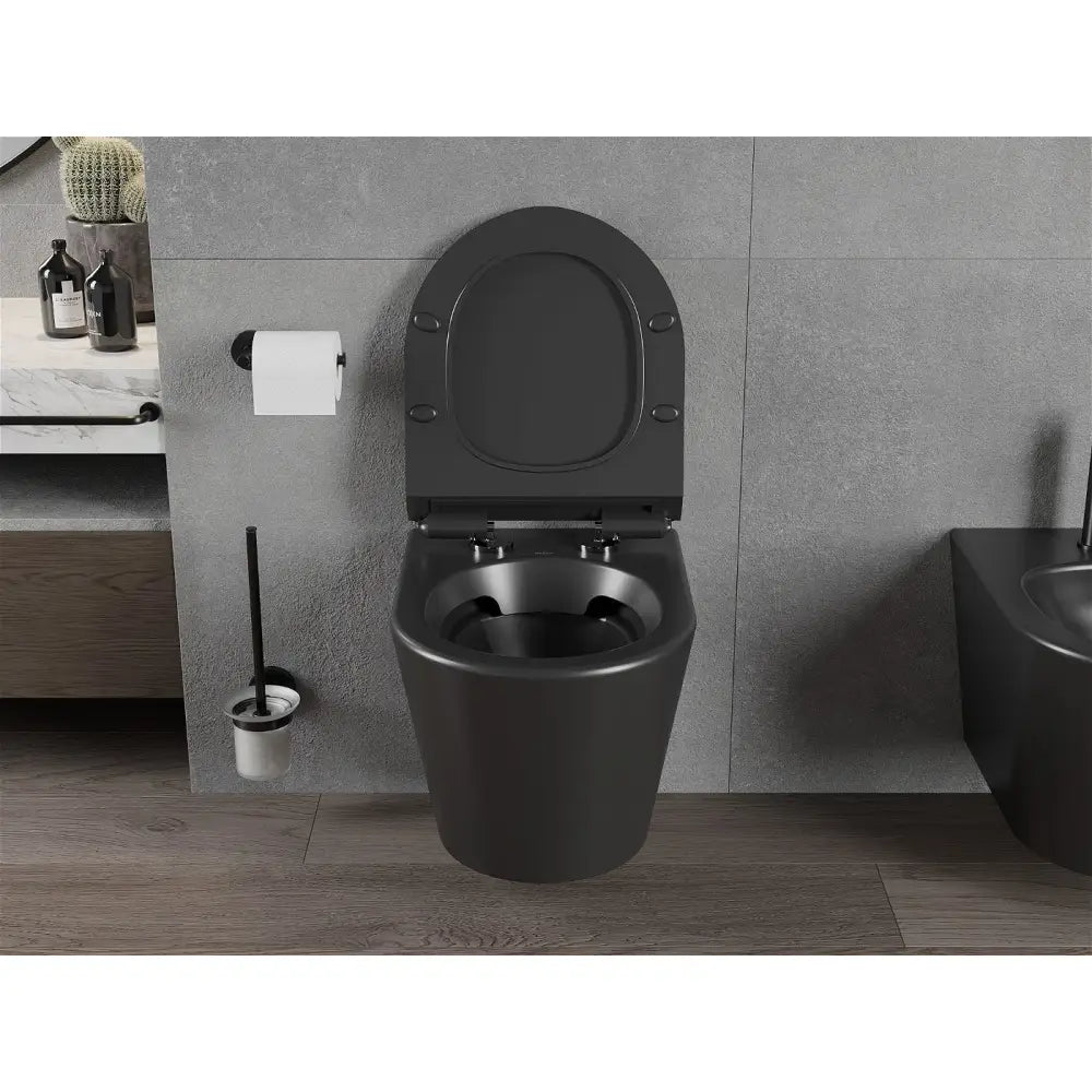 Rico toalettskål uten spylekant med slim soft-close sete, duroplast, matt svart – bakvisning