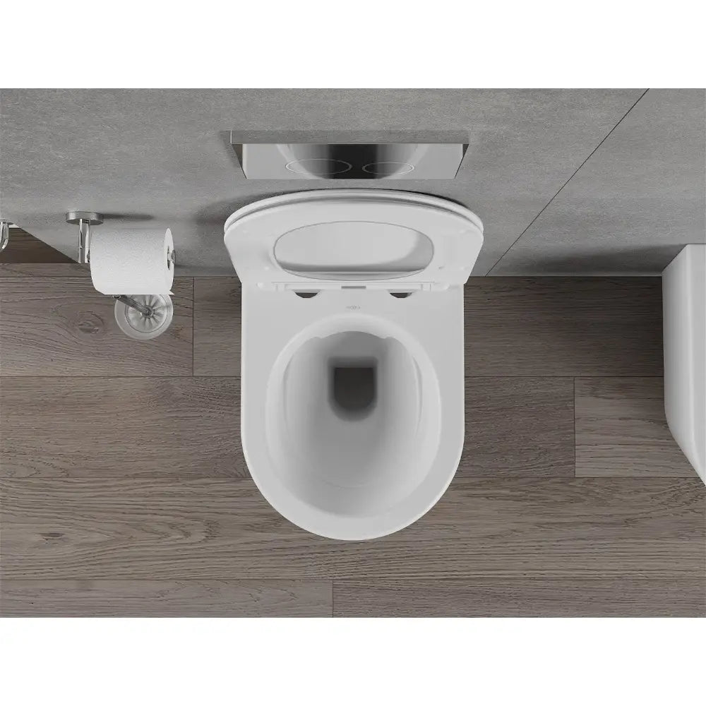 Rico toalettskål uten spylekant med soft-close slim sete, duroplast, matt hvit – montert eksempel