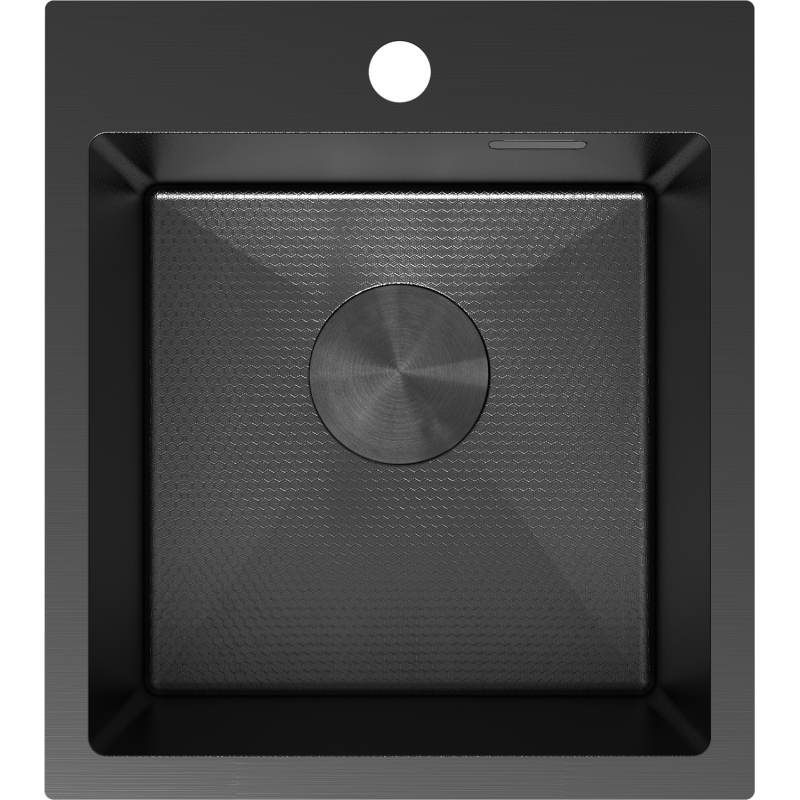 Kjøkkenvask i stål svart Mexen Solix 400x450 mm sett ovenfra med strukturert bunn og rund sluk.