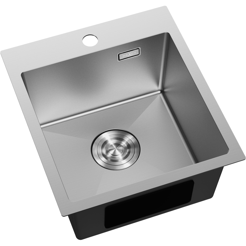 Kjøkkenvask Rustfritt Stål 400 x 450 mm med én kum, sentrert avløp og hull til blandebatteri.