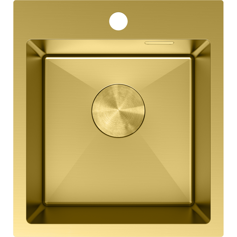 Kjøkkenvask i stål 400 x 450 mm i gull, sett ovenfra med rundt avløpsdeksel og hull for blandebatteri.