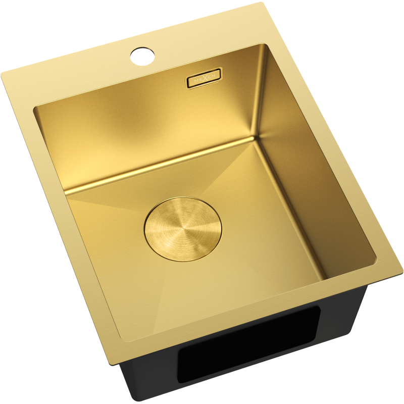 Stål Kjøkkenvask Mexen Solix i børstet gull, firkantet med synlig avløpslokk og hull for armatur.