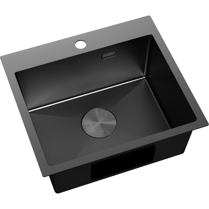 Stål Kjøkkenvask svart Mexen Solix 500 x 450 mm sett ovenfra med matt overflate og avrundet avløpslokk.