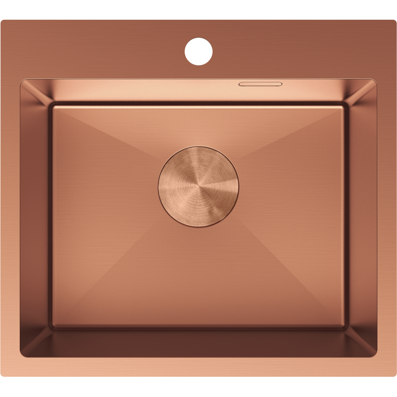 Kjøkkenvask i stål 500 x 450 mm i børstet kobber med avrundede hjørner, sett ovenfra.