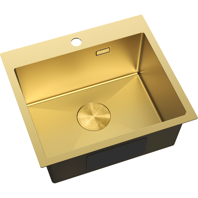 Stål Kjøkkenvask Mexen Solix gull 500 x 450 mm sett ovenfra med rund avløpssikring og hull for blandebatteri.