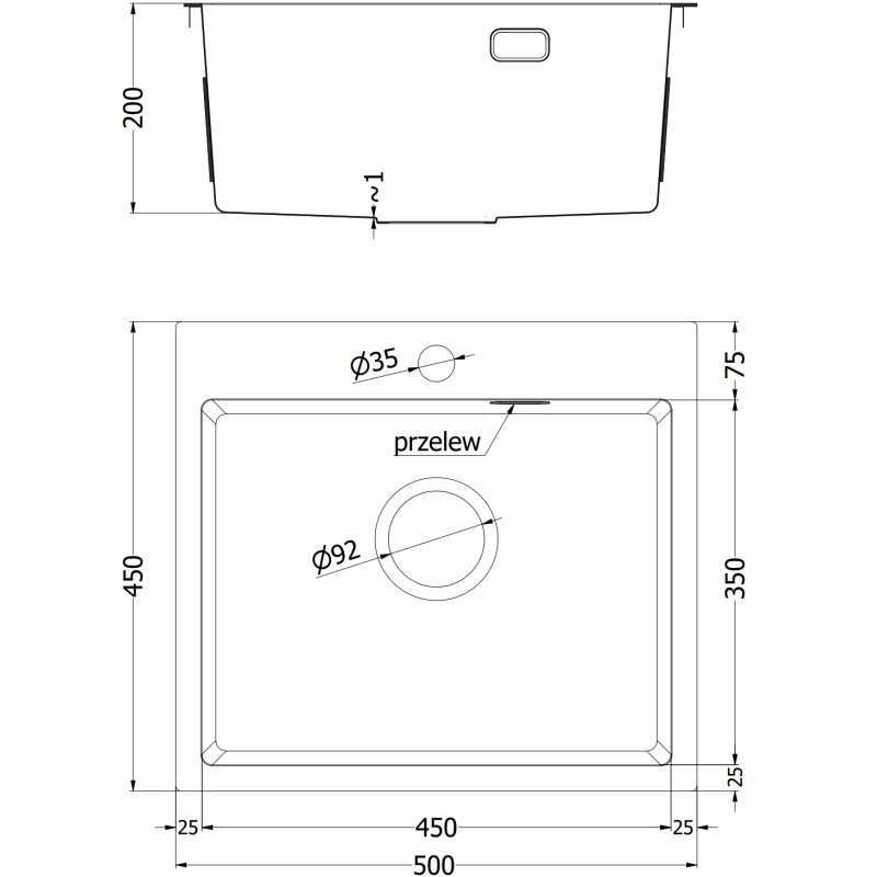 Kjøkkenvask i stål teknisk tegning av Mexen Solix 500 x 450 mm med mål, overløp og armaturhull.