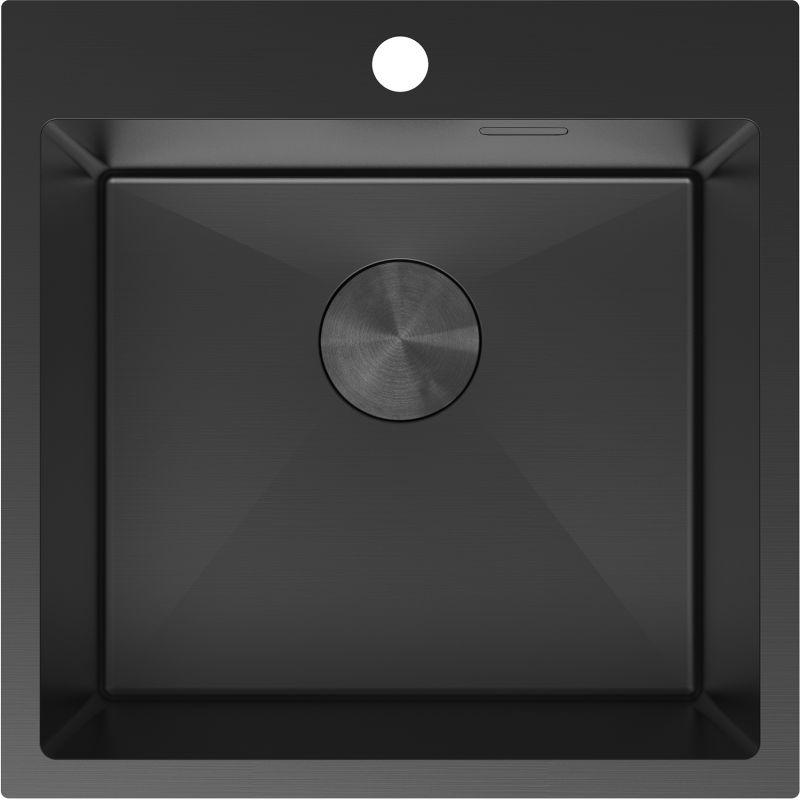 Kjøkkenvask i stål Mexen Solix 500x500 mm, svart, sett ovenfra med rund avløpsåpning og hull for armatur.