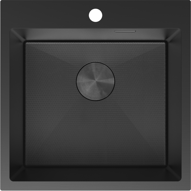 Kjøkkenvask i stål Mexen Solix, svart og kvadratisk, sett ovenfra med rund bunnventil og rette kanter.