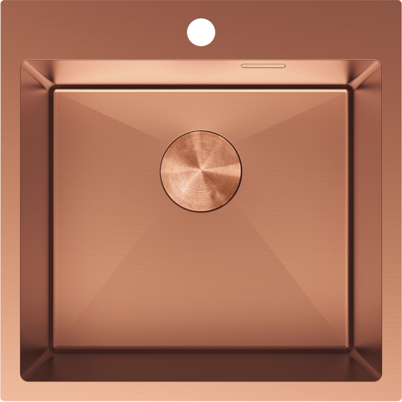 Kjøkkenvask i stål 500 x 500 mm, kobber, sett ovenfra med rund avløpsdeksel og hull til armatur.