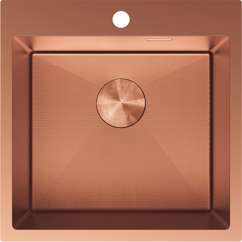 Kjøkkenvask i stål Mexen Solix 500 x 500 mm, børstet kobberfarge, sett ovenfra med avrundet rist.