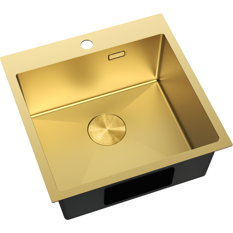 Stål Kjøkkenvask Mexen Solix 500 x 500 mm i gull med integrert overløp og sentrert avløp.