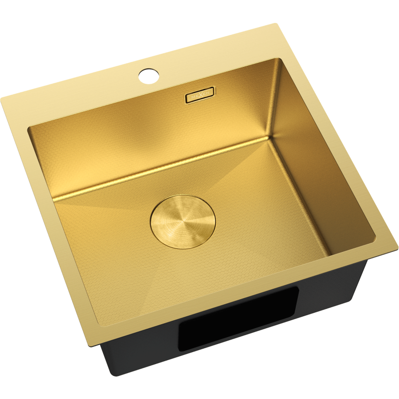 Stål Kjøkkenvask Mexen Solix i gull, rektangulær, matt finish, sett ovenfra med avløp og armaturhull.