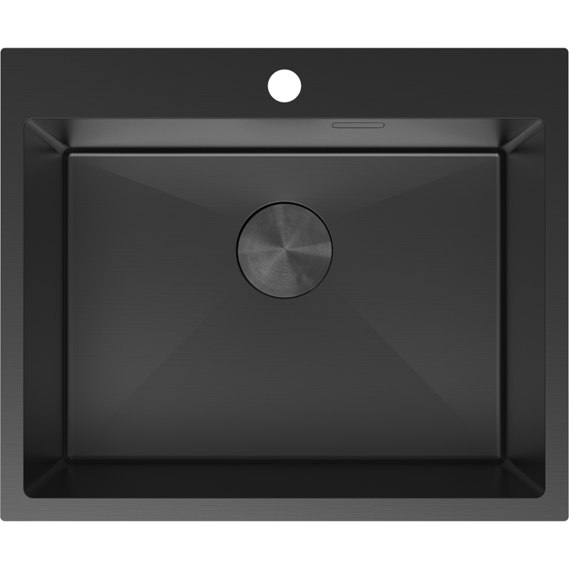 Kjøkkenvask i stål 600 x 500 mm, svart, sett ovenfra med sentralt avløpslokk og hull til armatur.