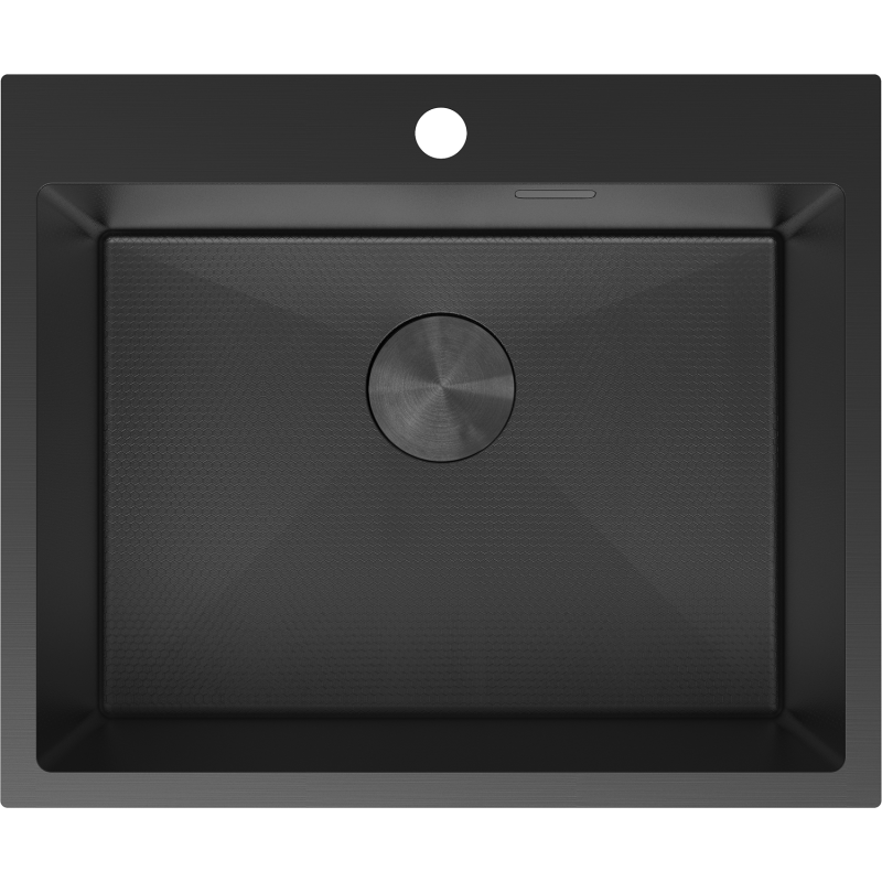Kjøkkenvask i stål Mexen Solix 600x500 mm, svart, sett ovenfra med teksturert overflate og rund avløp.