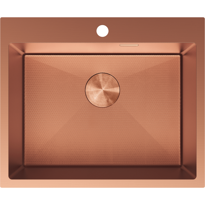 Kjøkkenvask i stål Mexen Solix i børstet kobber, rektangulær med rund avløpsåpning sett ovenfra.