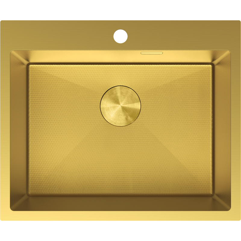 Kjøkkenvask i stål Mexen Solix 600 x 500 mm i gull, sett ovenfra med avrundet bunn og sirkulær stopper.