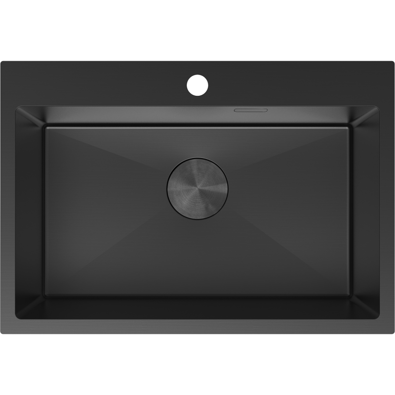 Kjøkkenvask i stål Mexen Solix svart, rektangulær med rund avløpsåpning og hull for blandebatteri.