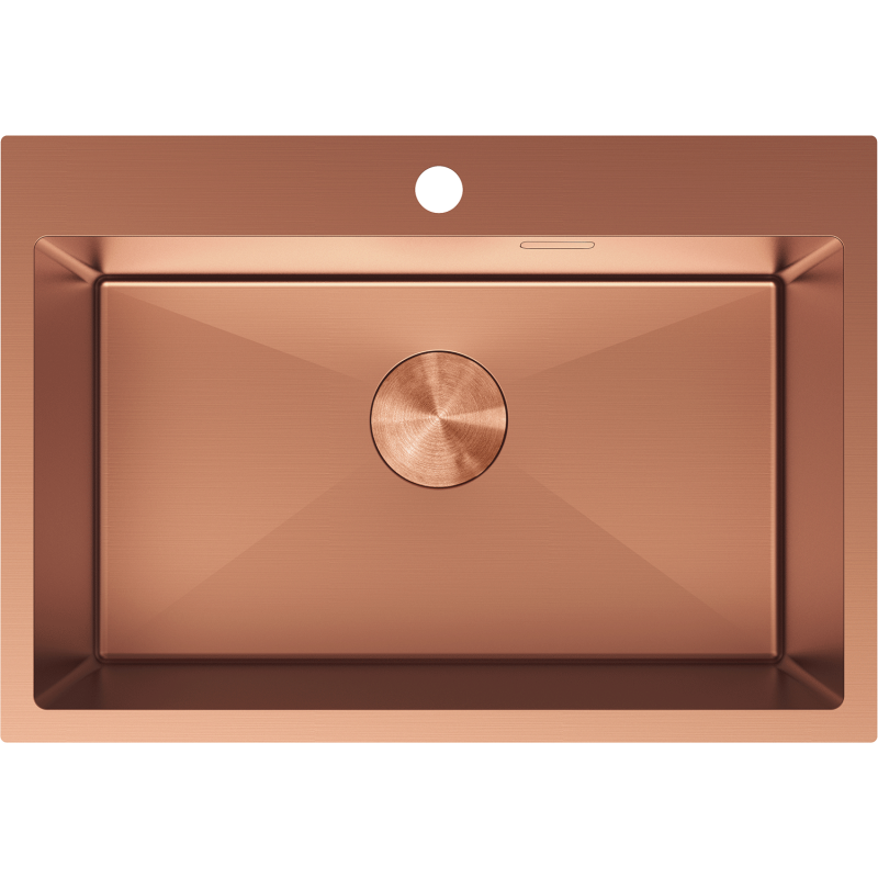 Kjøkkenvask i stål Mexen Solix 650 x 450 mm i børstet kobber, sett ovenfra med bunnventil.