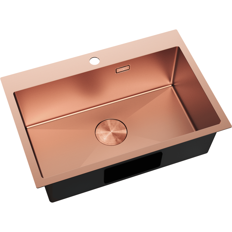 Stål Kjøkkenvask Mexen Solix 650 x 450 mm i børstet kobber, sett skrått ovenfra med synlig avløp.