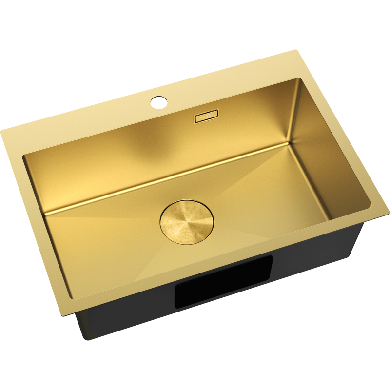 Stål Kjøkkenvask Mexen Solix i børstet gull, rektangulær med ett armaturhull og stor avløpsåpning.