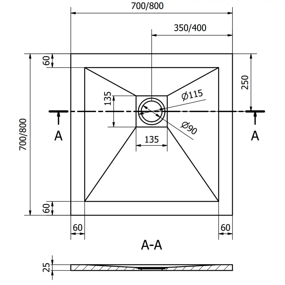 Dimensjonstegning Stone+ dusjkar 70x70 cm