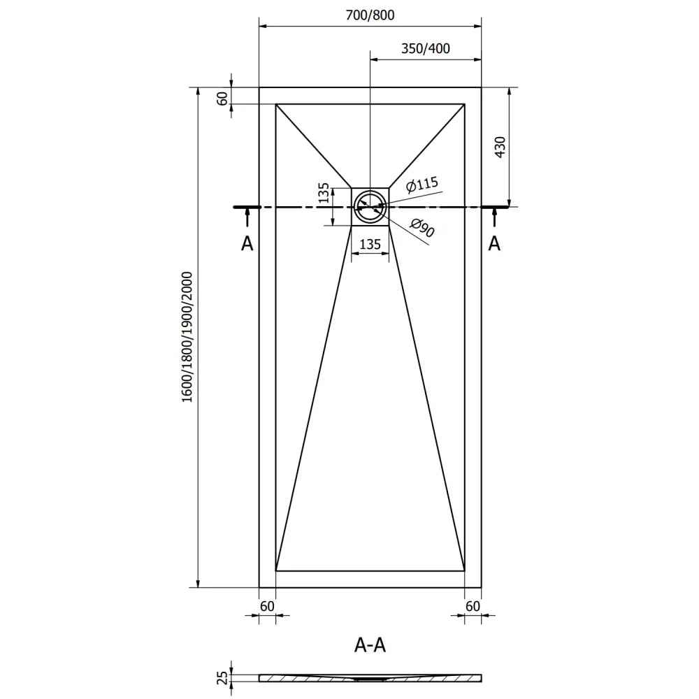 Dimensjonstegning Stone+ dusjkar 200x80 cm