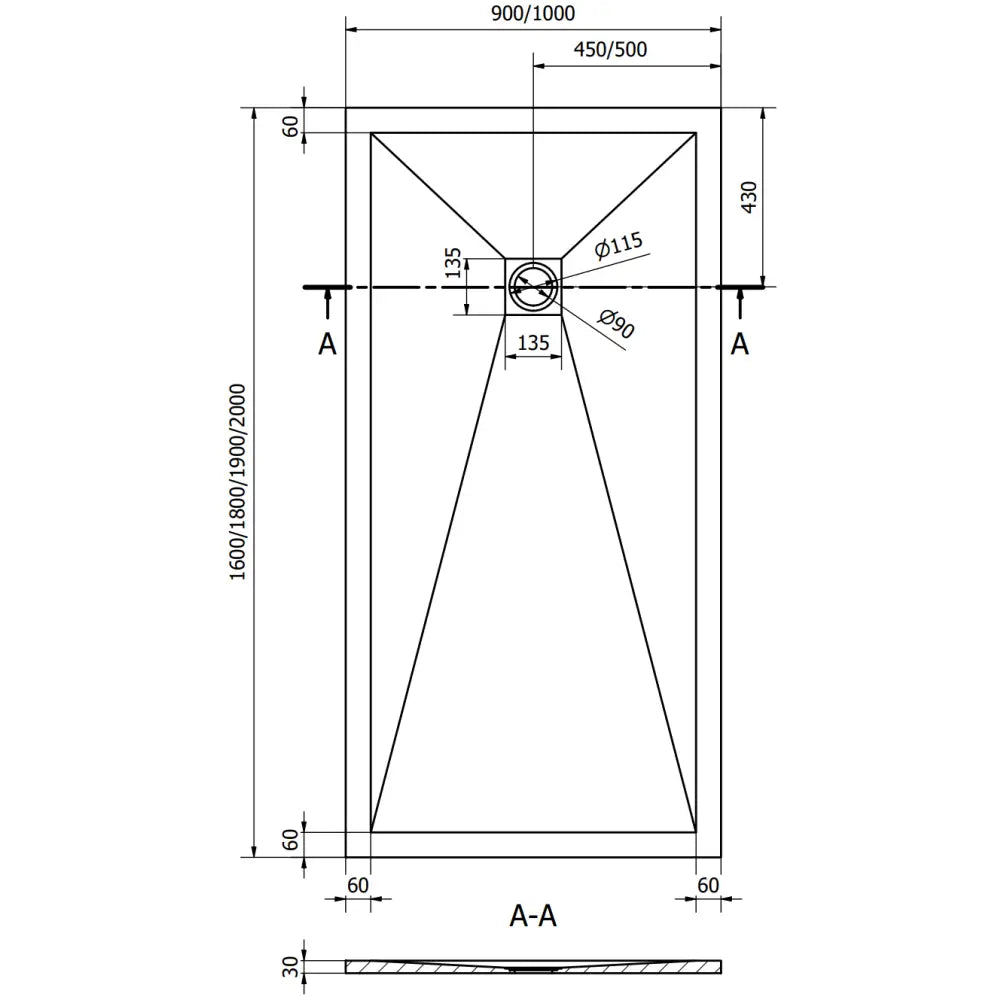 Dimensjonstegning Stone+ dusjkar 200x90 cm