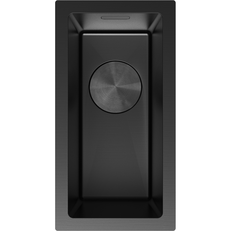 Kjøkkenvask i stål 230 x 440 mm, svart, sett ovenfra med rund metallavløp i midten.