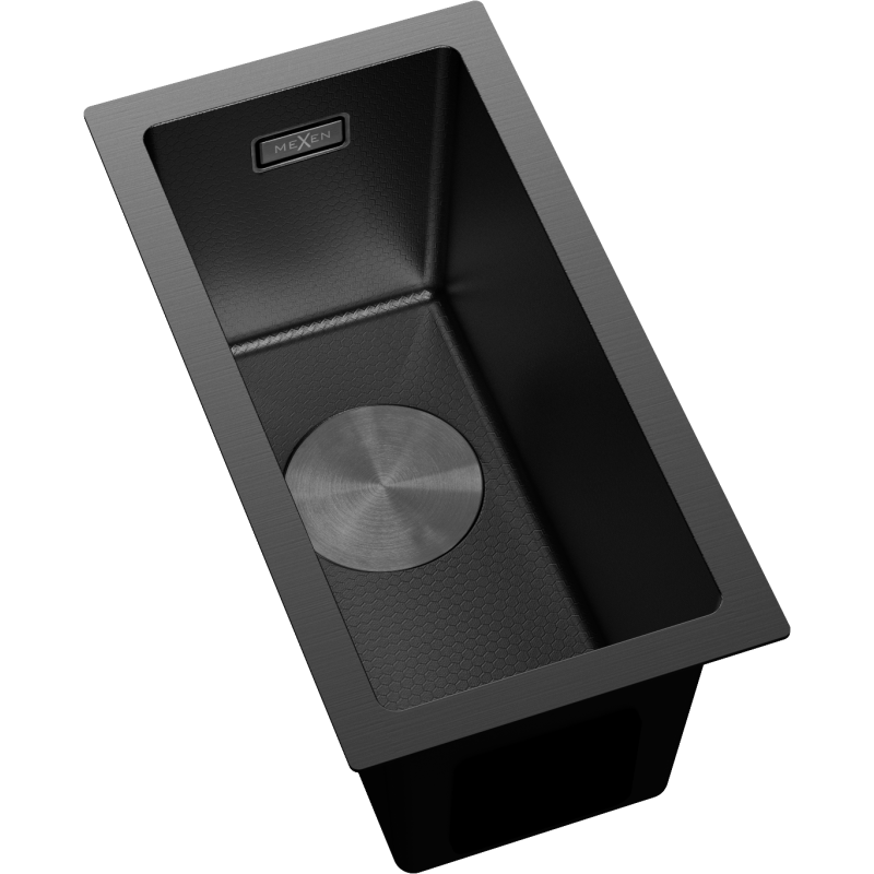 Stål Kjøkkenvask Mexen Trixo svart 1 kum sett ovenfra med børstet bunnoverflate og synlig logo.