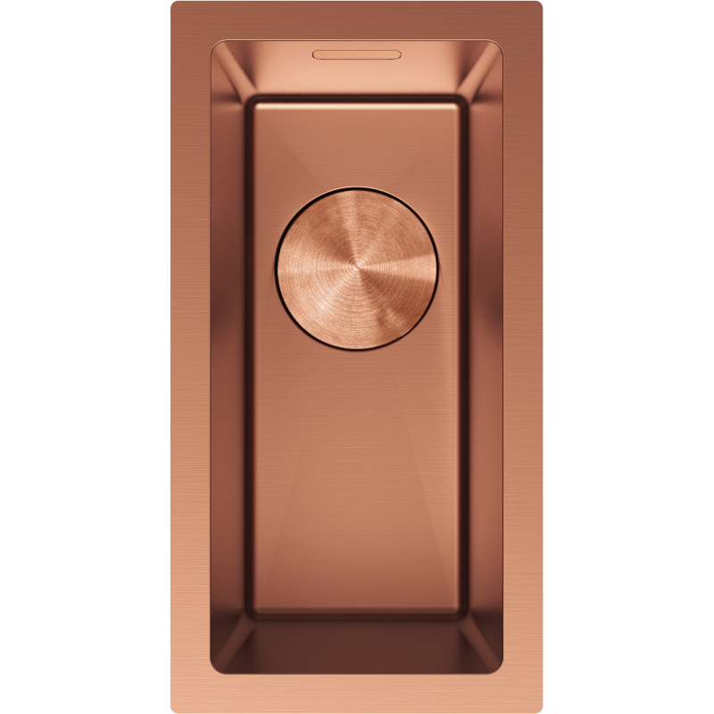 Kjøkkenvask i stål Mexen Trixo 230 x 440 mm i børstet kobber, sett ovenfra med rundt avløpslokk.