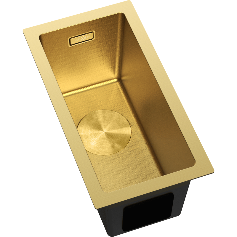 Stål Kjøkkenvask Mexen Trixo gull, rektangulær med sekskantet mønster og rundt sluklokk.
