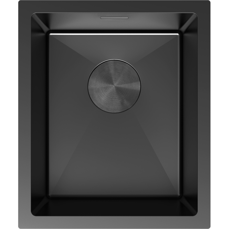 Kjøkkenvask i stål Mexen Trixo 370 x 440 mm, svart, sett ovenfra med rundt avløpsdeksel.