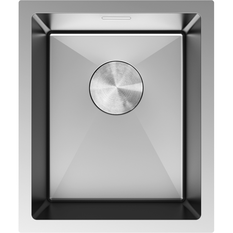Kjøkkenvask i stål Mexen Trixo 370 x 440 mm sett ovenfra med rund avløpssil og børstet finish.